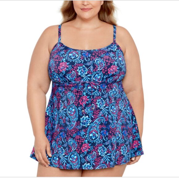 Swim Solutions Plus Size Tummy Control Empire Waist Swimdress Size 24W 9293 - Picture 1 of 1